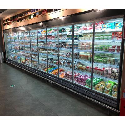 China Single-temperature Outdoor Multideck Wide Open Refrigerator With Glass Door 2.2m Height Refrigeration Equipment Fridge For Meat For Supermarket for sale