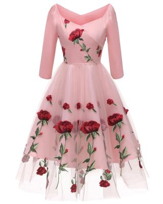 China European and American Anti-wrinkle Three Quarter Sleeve V-Neck Midi Dress Fashion A-Line Pink Dr. Casual Floral Embroidery Ladies Dress Tulle for sale