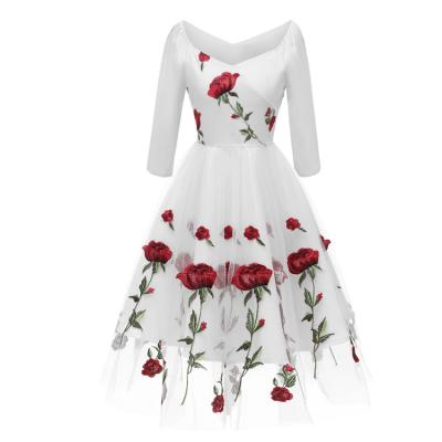 China 2022 Anti-Wrinkle V-Neck Midi Dress Trendy Fashion White Three Quarter A Line Women Summer Casual Dress Embroidery Ladies Dress Tulle for sale