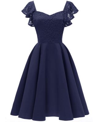 China High Quality Dark Blue Sale Anti-Wrinkle Short Sleeve Sweetheart Midi Dress Lace A Line Women Lady Casual Dress Chiffon Church Dresses for sale