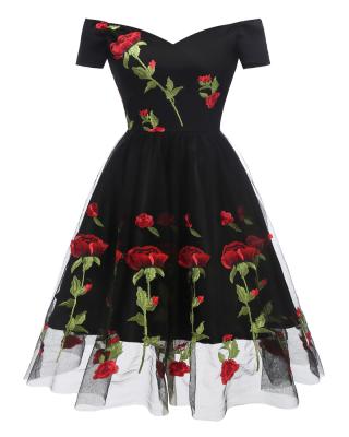 China Anti-wrinkle Women Clothing Short Sleeve V Neck Midi Dress Black Fashion Embroidery A Line Dress Wholesale Girls Dress Casual for sale