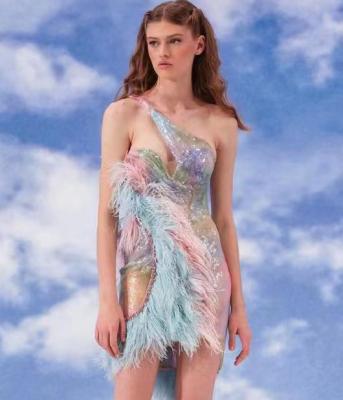 China 2022 fashion girls mini dress high quality colorful washable irregular formal dress feather elegant prom dress for sale