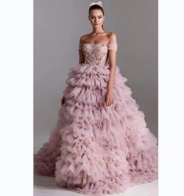 China Breathable Fashion Pink Slash Neck Off Shoulder Tiered Women Wedding Dresses Tulle Evening Dresses Ladies Evening Gowns for sale