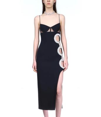 China New Arrival Breathable Spaghetti Strap Dress Women Backless Maxi Dress Black Bandage Diamond Prom Party Dress for sale