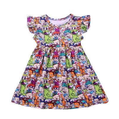 China 2020 Breathable Boutique Girls' Dresses Milk Cartoon Print Silk Kids Beads Sleeve Dresses Wholesale for sale