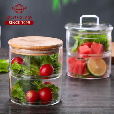 China Healthy Heat Resistant Microwave Round Fruit Salad Clear Glass Bowl Container Glass Food Lunch Box With Bamboo Lid for sale