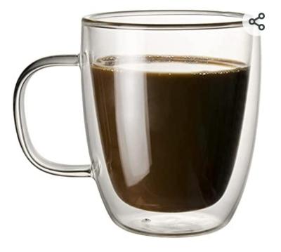 China Stocked 350ml handblown double wall insulated heat resistant glass mug for tea cup for juice milk tea for sale