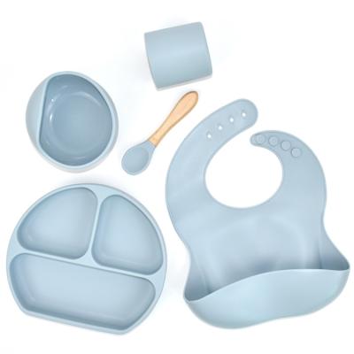 China BPA Free Wholesale Customized Soft Bibs Baby Plates Spoon Bowls Set 5 Silicone Baby Feeding Set Sets for sale