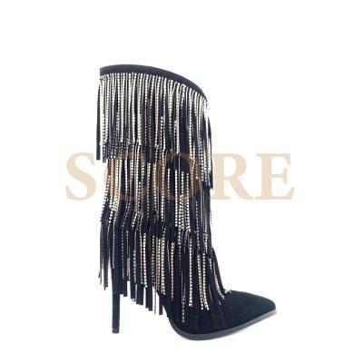 China Fashion Trend Harrison 2021 Spring High Heel Booties Rhinestone Tassels Pointed Toe Sexy heel Boots Full Rhinestone BestFashion Booties for sale