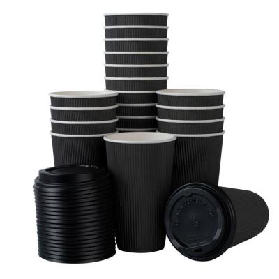 China Recycled Materials 16 oz Black Ripple Wall Paper Coffee Cup - With Black Lid - TOP 90MM for sale