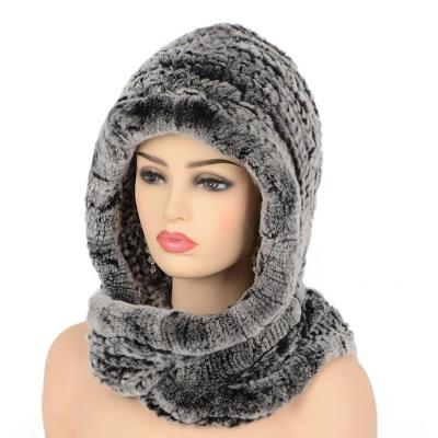 China Breathable & Waterproof Winter Rex Rabbit Fur Hat Women's Warm Soft Knitted Hats And Scarf Set for sale