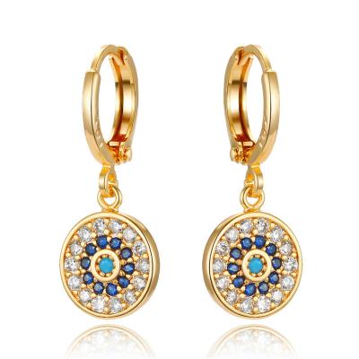 China Environmental Friendly Silver Gold Plated Dangle Blue Crystal Charm CZ Round Circle Zircon Women Turkish Evil Eyes Drop Earrings Jewelry for sale