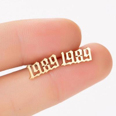 China Fashion Gold Environmental Friendly Silver Plated Old English Birth Year Number Letters Women Girls Stainless Steel Stud Earrings Jewelry For Ladies for sale