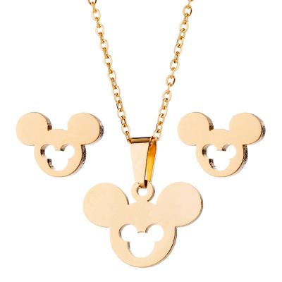 China Wholesale Fashion Cute Environmental Friendly Gold Silver Plated Stainless Steel Mickey Mouse Pendant Earrings Necklace Jewelry Set Women Girls for sale