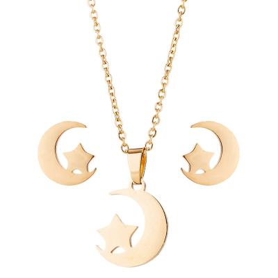 China Crescent Moon Star Pendant Women Gold Color Europe America Style Environmental Friendly Stainless Steel Girls Earring Stud Necklace Jewelry Set for sale