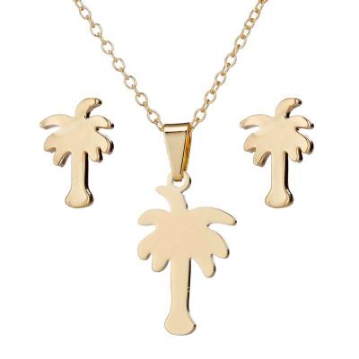 China Fashionable Gold Charm Coconut Plam Tree Women Girls Stainless Steel Earring Stud Necklace Jewelry Set Pendant Set Environmentally Friendly for sale