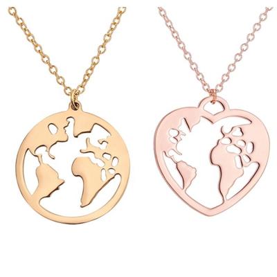 China Women Environmentally Friendly Fashionable Tasty Girls Charm Silver Gold Rose Plated Stainless Steel Round Heart Earth World Map Necklace Pendant Jewelry for sale