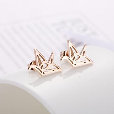 China Tiny Paper Origami Crane Women Girls Stud Earrings Rose Silver Gold Black Plated Korean Fashion Environmental Friendly Style Small For Teens for sale