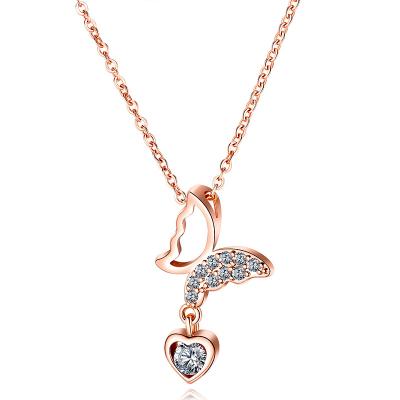 China Heart Environmental Friendly Korean Luxury Butterfly Zircon Crystal Rose Gold Plated Small Crystal Style Woman Necklace Pendant Jewelry For Lady Girls for sale