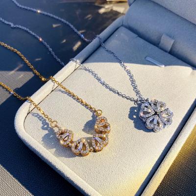 China Korean Environmental Friendly Gold Silver Plated Zircon Chain Copper Stainless Steel Foldable Magnetic Woman 3A Heart Lucky Four Leaf Clover Necklace for sale