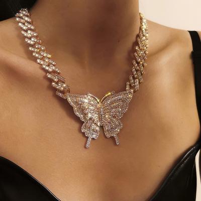 China Environmental Friendly Hip Hop Gold Silver Plated Bling Crystal Zircon Iced Out Cuban Link Chain Choker Woman Butterfly Wing Pendant Necklace Jewelry for sale