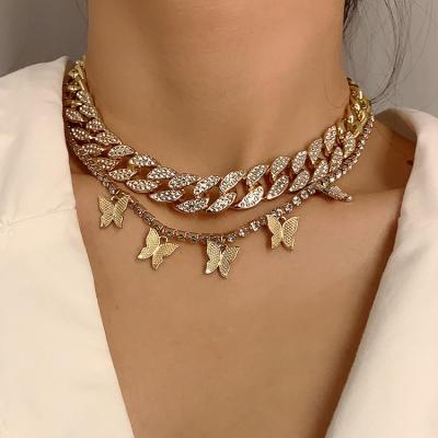 China Tasty Environmental Friendly Gold Silver Plated Chunky Bling Crystal Zircon Cuban Tennis Chain Double Layer Choker Woman Butterfly Necklace Jewelry for sale