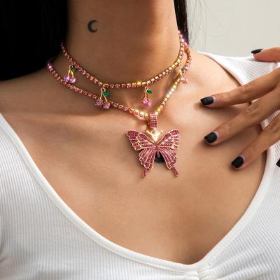 China Fashionable Environmental Friendly Gold Plated Iced Out Tennis Women Girls Girls Charm Big Cherry Full Shiny Bling Zircon Butterfly Necklace Jewelry for sale