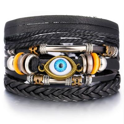 China Environmental Friendly Handmade Braided Rope Adjustable Bracelet Wax Blue Evil Eye Charms Men's Punk Multilayer Wrap PU Leather Bracelet Set Jewelry for sale