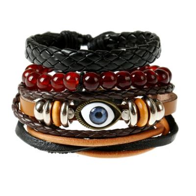 China Environmental Friendly Wax Adjustable Handmade Retro Braided Rope Turkish Evil Eye Charms Men's Punk Multi Strand Wrap Bracelet Genuine Leather Set for sale