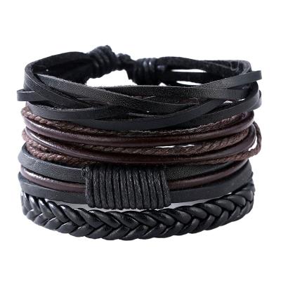 China ZHIYI Retro Wax Style Male Mens Adjustable Black Brown Leather Bracelet Sets Handmade Braided Punk Environmental Friendly Rope Wholesale for sale