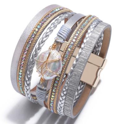 China ZHIYI Brand Wrap Bracelet Tennis Charm Beige Colorful Shiny Magnetic Handmade Women Buckle Bohemian Leather Jewelry for sale