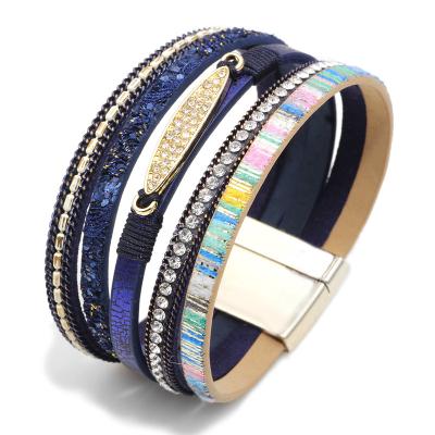 China Eco-Friendly Fashionable Bohemian Wide Magnetic Girls Buckle Ethnic Colorful PU Leather Wrap Boho Style Multilayer Bracelet for sale