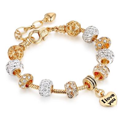 China Amazon FASHION Hot Selling Heart Shape Zircon Crystal Gold Plated Copper Beads DIY I Love You Charm Bracelet Pendant Jewelry For Women for sale