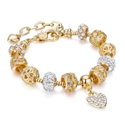 China Trendy Fashion Luxury Gold Plated Snake Chain Zircon Big Crystal Beads Heart Pendant Women Girl Charm Bracelet Jewelry For Ladies for sale