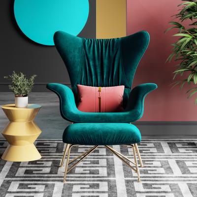 China Luxury Modern Design Fabric Velvet Green High Back Metal Accent Arm Chair Lounge Leisure Chair With Stool Living Room Furniture for sale