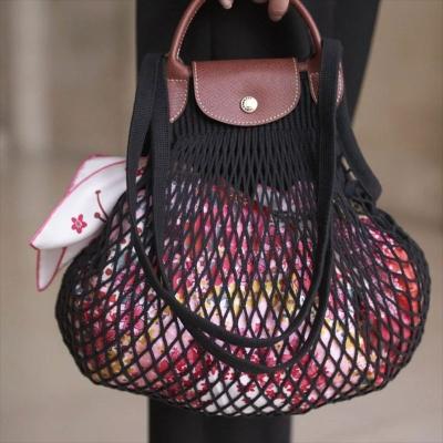 China Reusable Organic Cotton Mesh Tote String Net Shopping Bag Leather Handle Fruit Vegetable For Food for sale