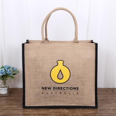 China Low Moq Handled Logo Printed Natural Burlap Gifts Custom Made Bags Eco Friendly Recyclable Jute Good Quality Tote Bag for sale