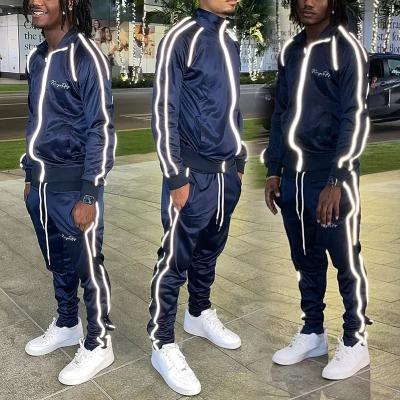 China Breathable Sportswear Mens Tracksuits Set Streetwear Reflective Two Pieces Set Slim Fit Stripe Tracksuits for sale