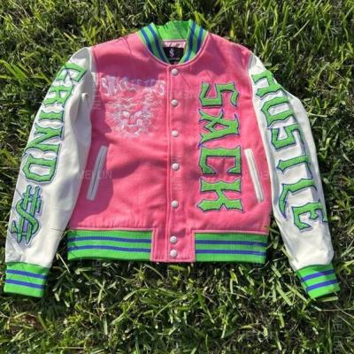 China Hot Sale Custom Made Pink Cool Reversible Latest Design Style Fleece Embroidery Patch Baseball Bomber Varsity Jackets For Men for sale