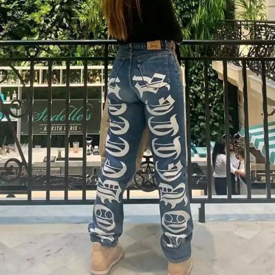 China Factory sale personality men's denim women's breathable jeans Customized Damaged Alphabet logo printing jeans hombr for sale