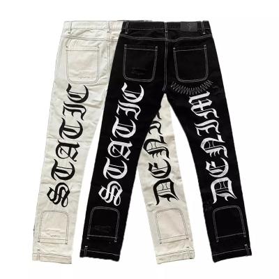 China New Style Breathable Men's Distressed Destroyed Thin Jeans Men Jeans Pants Art Patches Skinny Biker White Trousers Embroidery for sale