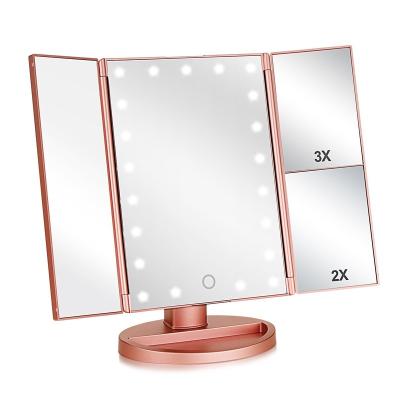 China 2019 KINGSTAR Amazon Success Personalized Vanity Led Triple Lighted Travel Makeup Mirror Desktop Magnified Make Up Mirror With Lights for sale