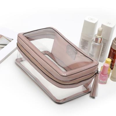 China Portable Clear Cosmetics Organzier Makeup Bag Pink PU Leather Cosmetic Transparent Cosmetic Bag for sale