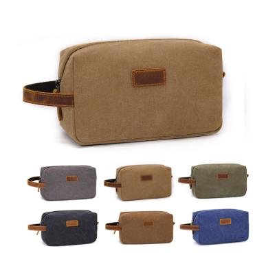 China Wholesale Custom Logo Mens Vintage Canvas Large Capacity PU Leather Travel Toiletry Bag For Men for sale