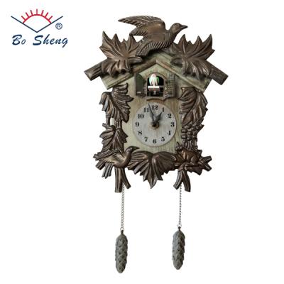 China Antique Style Bosheng Cuckoo Wall Clock With Bird Comes Out Wooden Wall Plastic Material Quartz Movements Wall Clock for sale