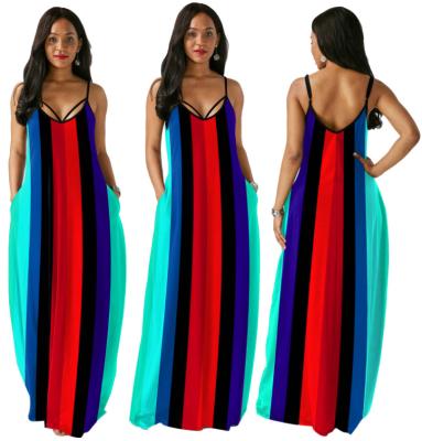 China Anti-Static Ready To Ship OEM ODM Women Colorful Striped Strapless Pleated Dress SMR9991 Maxi Fashion Casual Loose V-Neck Sleeveless Dress for sale