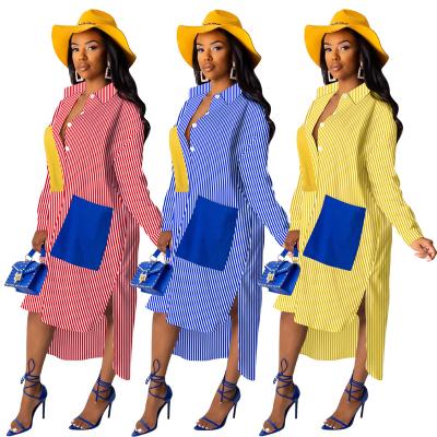 China Anti-static ready to ship wholesale 2019 autumn women's long sleeve pocket shirt dress patchwork 5 color casual clothing hot feature for sale