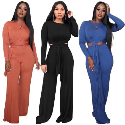 China 2019 Autumn Winter Solid Color Waistband Sleeve Shirt Suit Wide-leg Flare Pants Anti-Static Solid Color Long Pants FM-YM8490 for sale