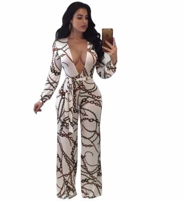 China Wholesale S8786 Breathable White Long Sleeve V Neck Wide Leg African Women Overalls for sale