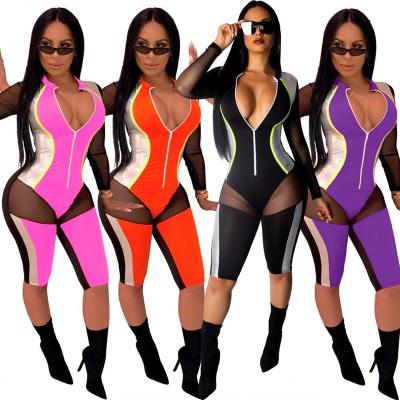 China Breathable Ready To Ship OEM ODM OB4056 Women Fashion Sexy Mesh Zipper Bandage Bodycon Jumpsuit for sale